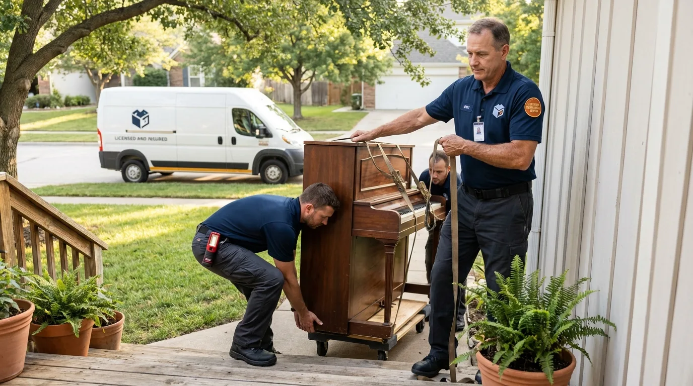 Licensed piano movers securing grand piano in Duluth, MN